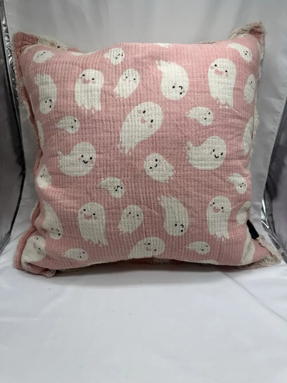 Cynthia Rowley Pink Ghost Halloween Pillow 20x20 Textured Fringed Removable